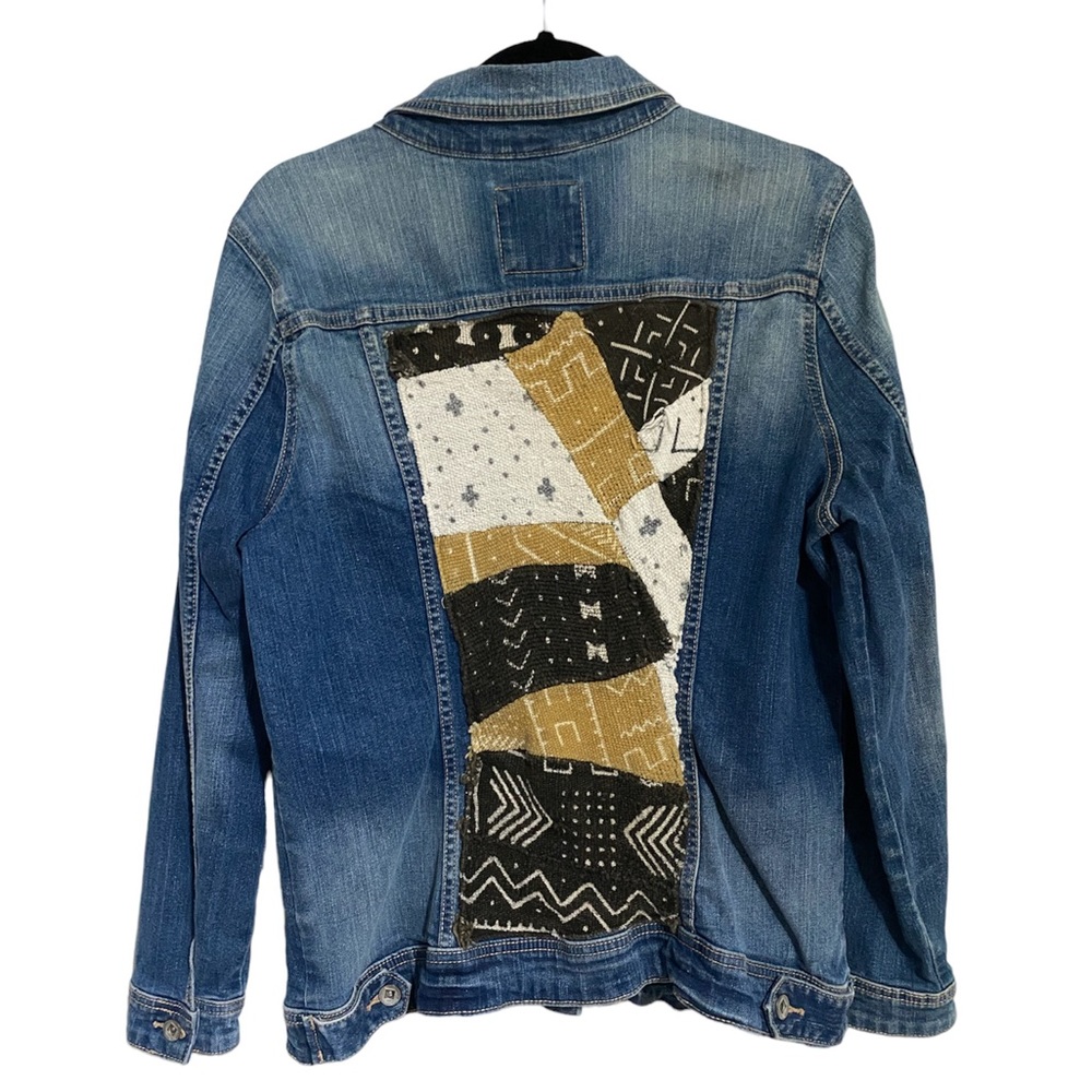 Upcycled wool yarn embroidered reworked 90s y2k tribal boho hippie denim jacket